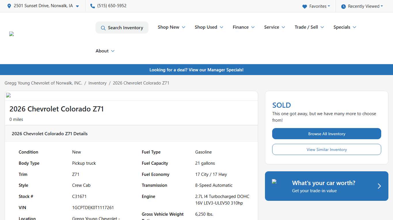 2026 Chevrolet Colorado Z71 for sale in Omaha, NE at Gregg Young Chevrolet of Norwalk, INC. VIN: 1GCPTDEK0T1117261